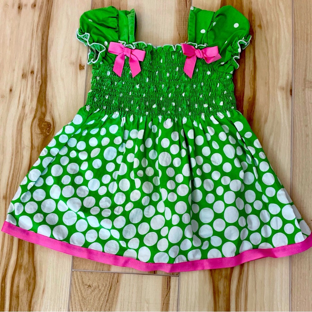 Bonnie Baby Green Dress With White Polka Dots With Pink Trim & Bows S 24 Months
